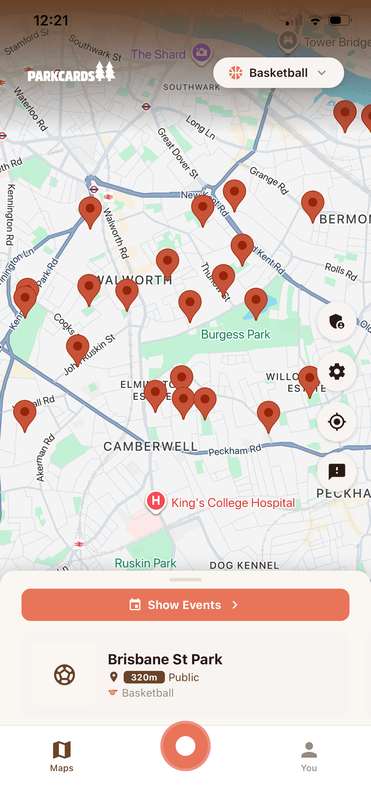 The ParkCards map showing courts pinned across south London